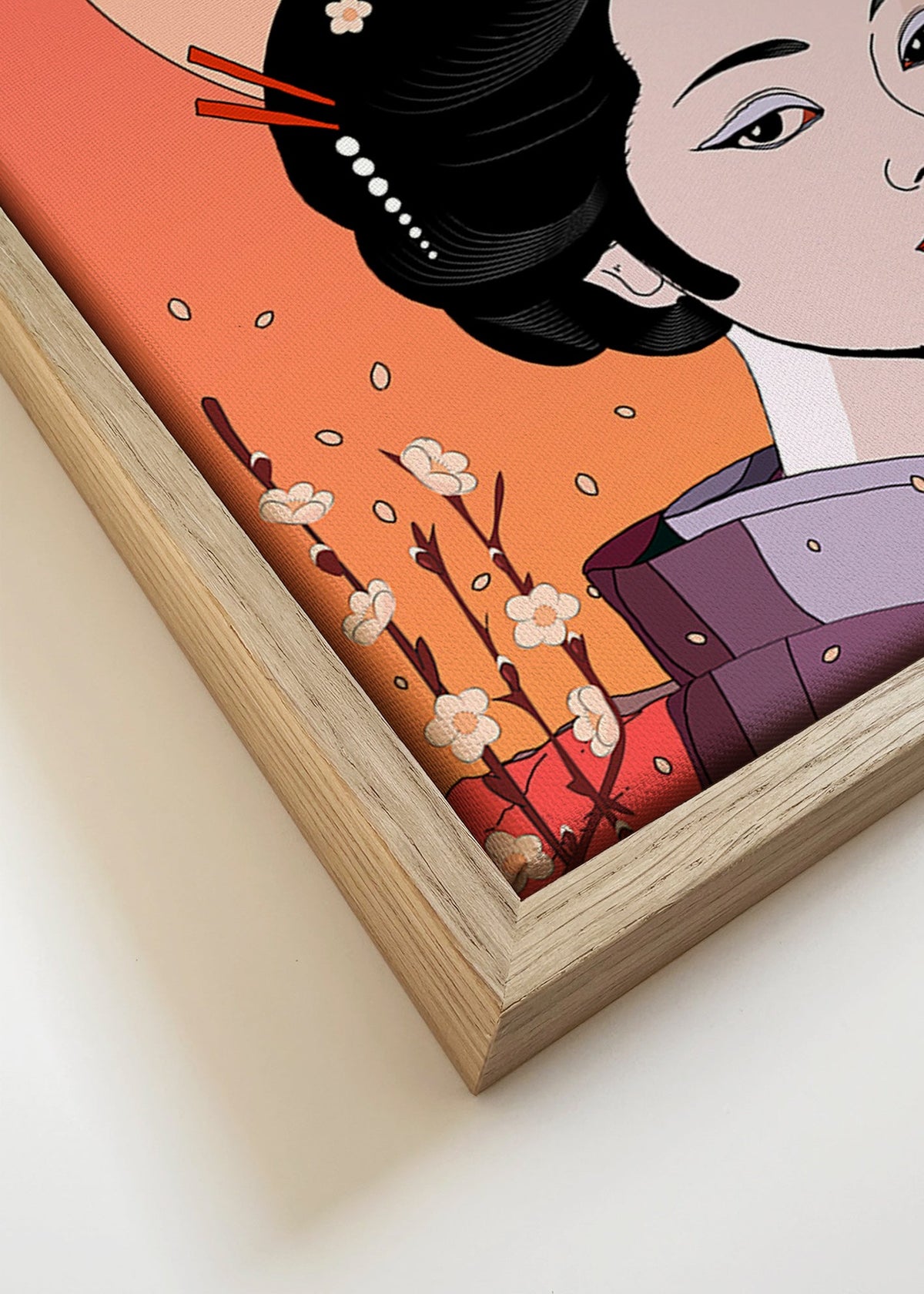 Ilustracja gejszy o koralowym zachodzie – Canvas detail