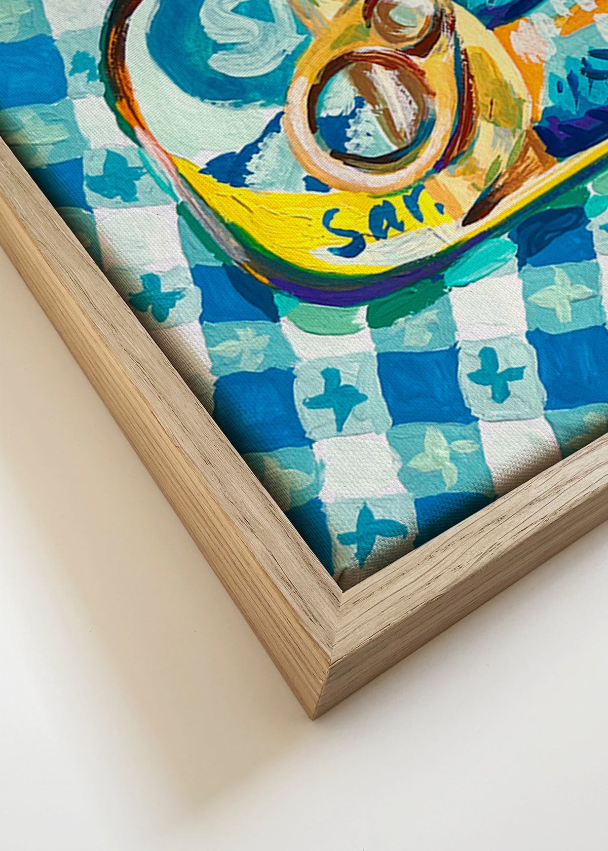 Sztuka do kuchni: puszka sardynek na obrusie w kratę – Canvas detail