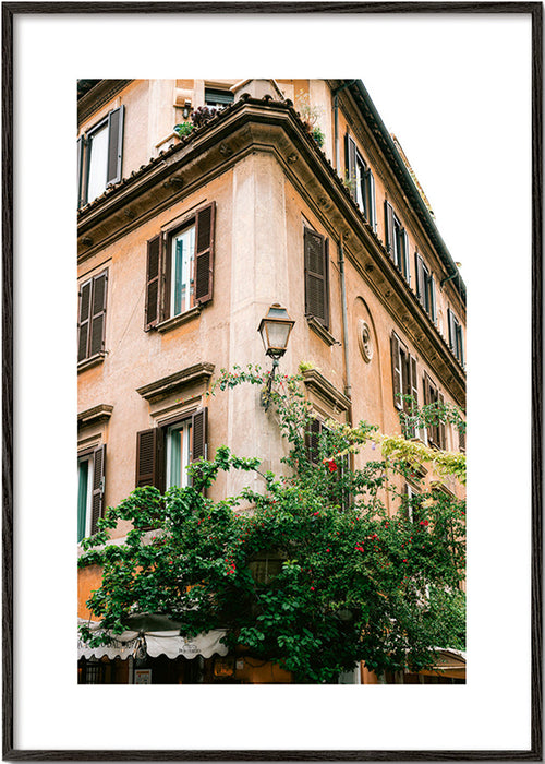 Plakat podróżniczy: rzymski zaułek z roślinnością – Black Frame