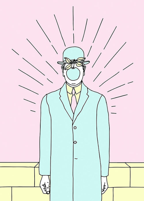 Surrealistyczna ilustracja mężczyzny z jabłkiem
