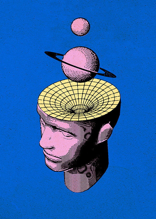 Surrealistyczna ilustracja głowy z planetami