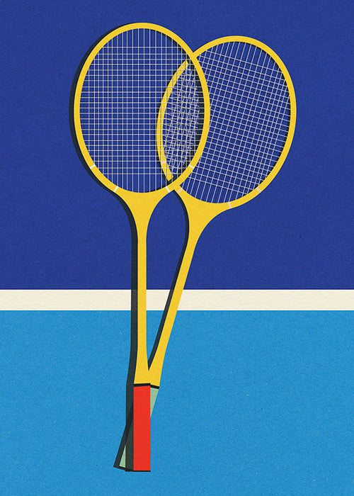 Plakat sportowy z żółtymi rakietami do badmintona