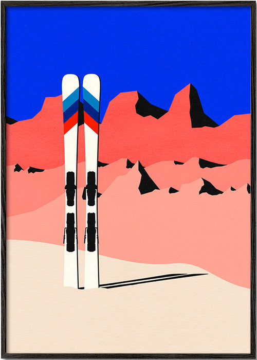 Grafika sportowa: narty na geometrycznym tle gór – Black Frame