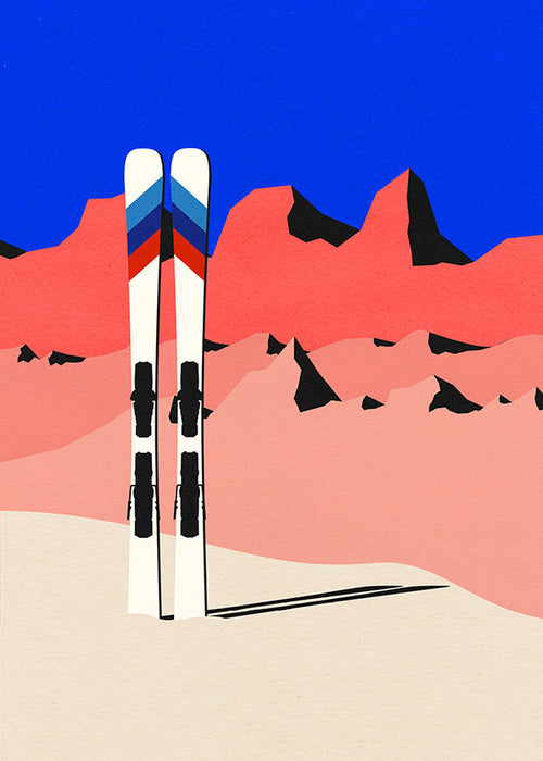 Grafika sportowa: narty na geometrycznym tle gór