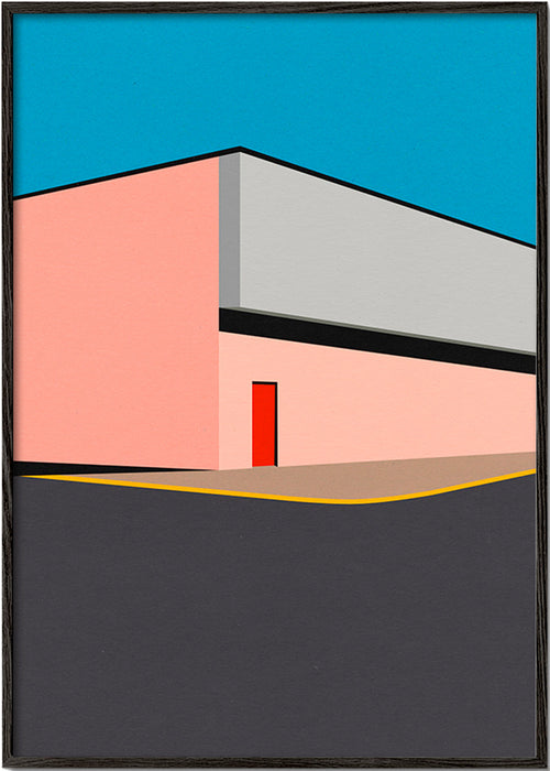 Minimalistyczna ilustracja elewacji z czerwonymi drzwiami – Black Frame
