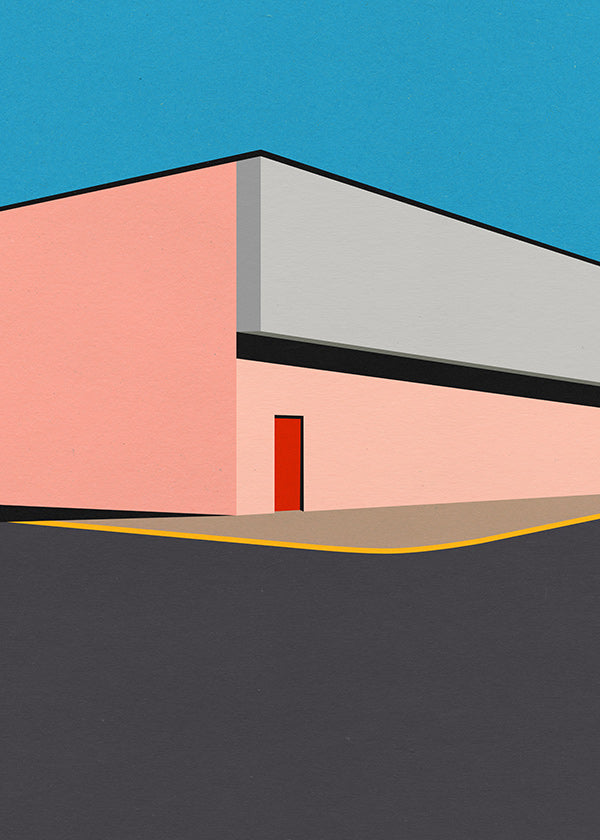 Minimalistyczna ilustracja elewacji z czerwonymi drzwiami