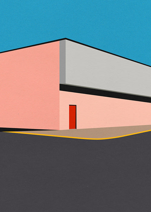Minimalistyczna ilustracja elewacji z czerwonymi drzwiami