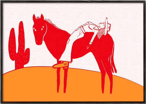 Plakat cowgirl odpoczywająca na czerwonym koniu – Black Frame