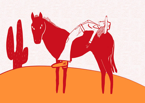 Plakat cowgirl odpoczywająca na czerwonym koniu