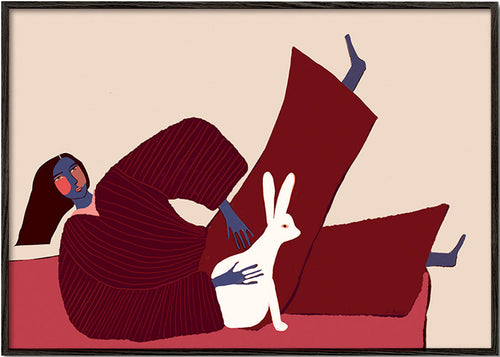 Ilustracja leżącej postaci z królikiem – Black Frame