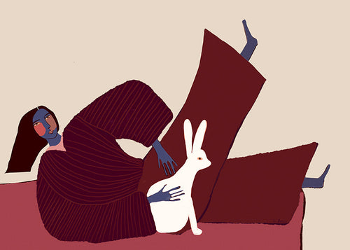 Ilustracja leżącej postaci z królikiem