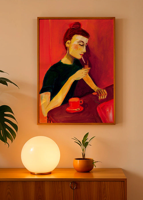 Ilustracja kobiety palącej z czerwoną filiżanką – Product1