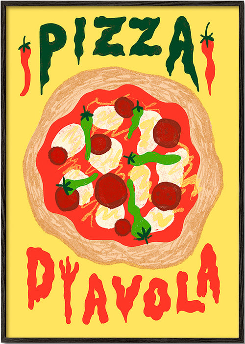 Sztuka do kuchni: Ilustracja Pizza Diavola – Black Frame