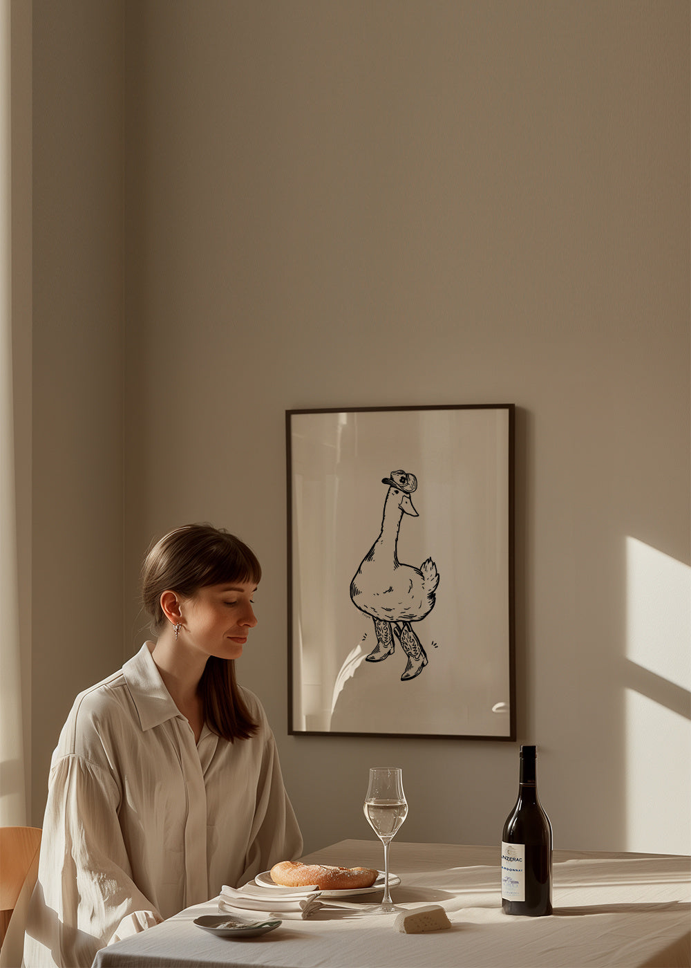 Duck wearing Western Boots - Framed poster in an interior