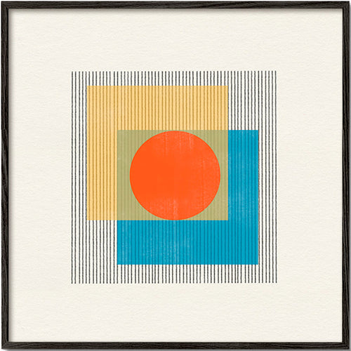 Plakat geometryczny z centralnym kołem i nakładającymi się kwadratami – Black Frame