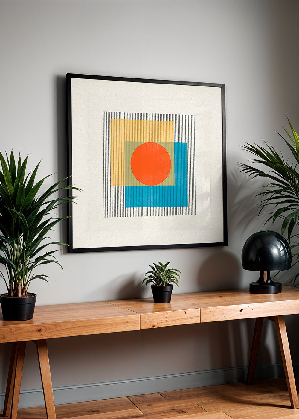 Plakat geometryczny z centralnym kołem i nakładającymi się kwadratami – Product1