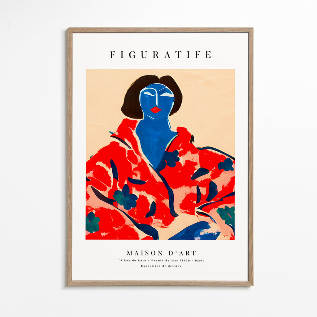 Ilustración femenina con kimono rojo – Oak Frame