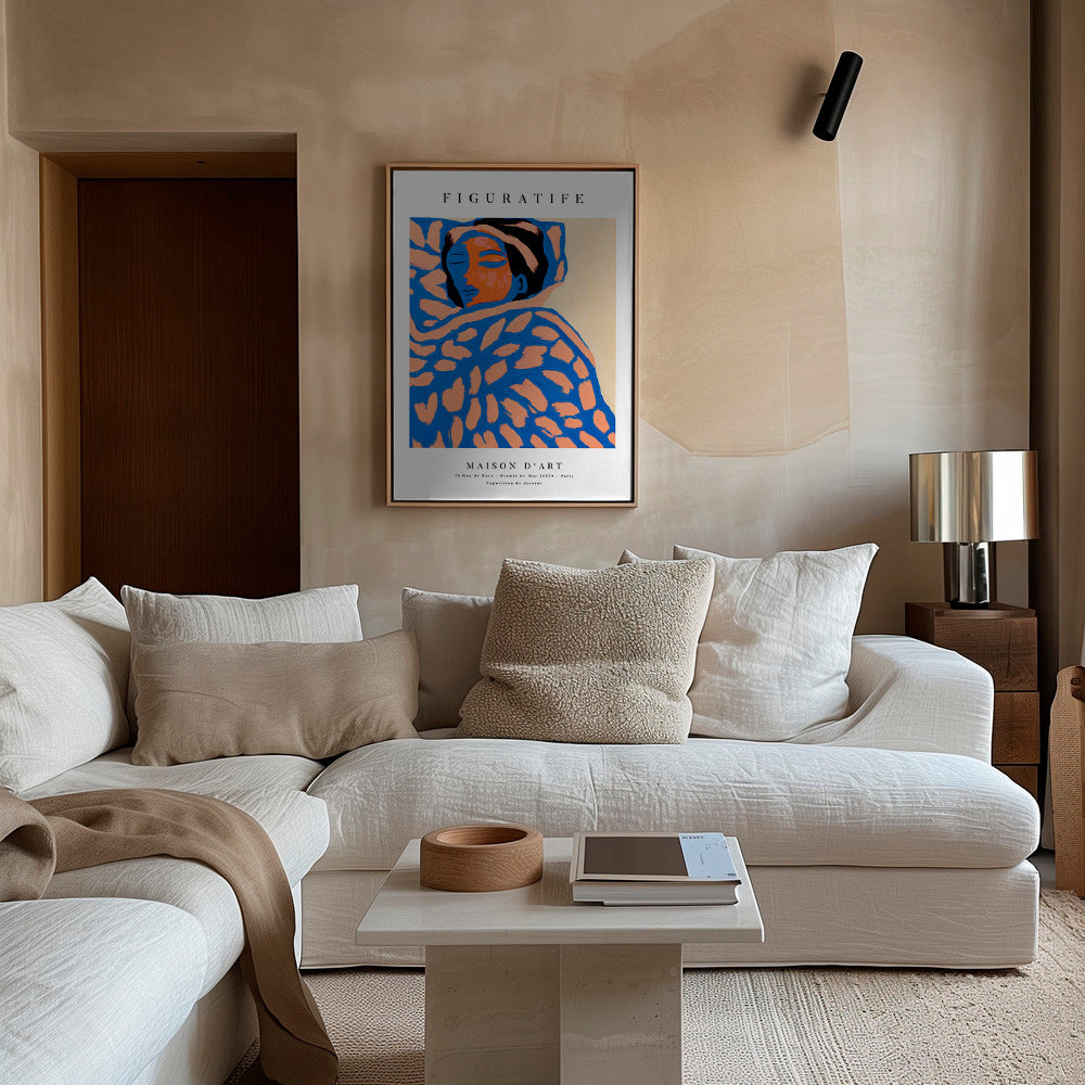 Ilustración figurativa en tonos coral y azul – Canvas2