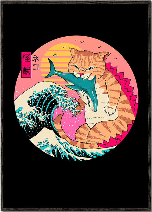 Ilustracja kota kaiju z falą – Black Frame