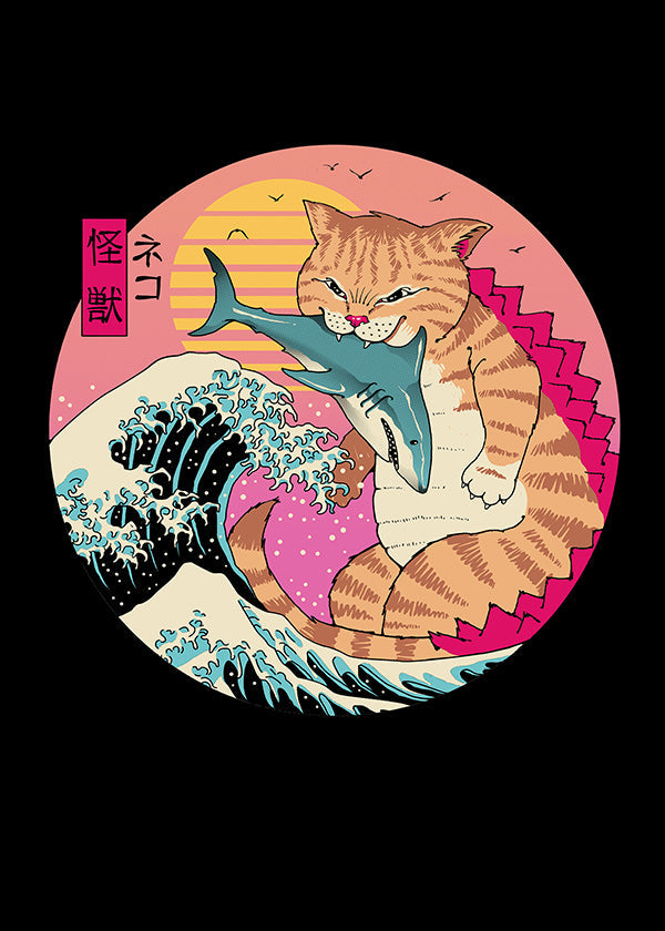 Ilustración de gato kaiju con ola