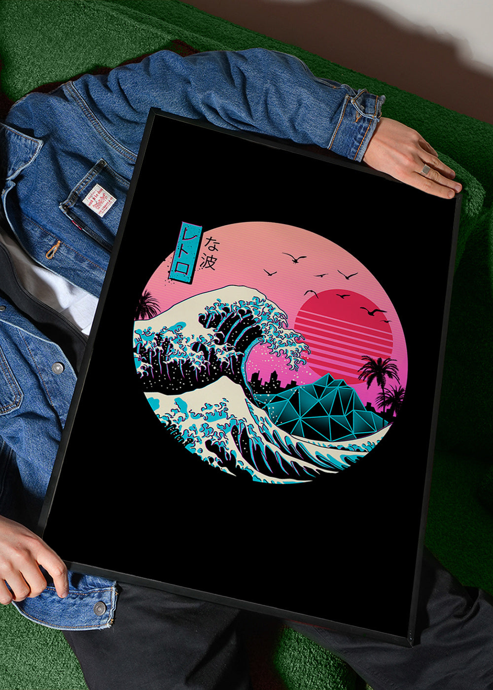 Retro ilustracja fali z różowym słońcem – Product1