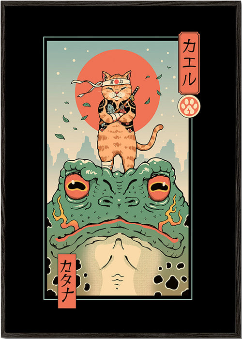 Obraz kot samuraj na ropuchu – Black Frame