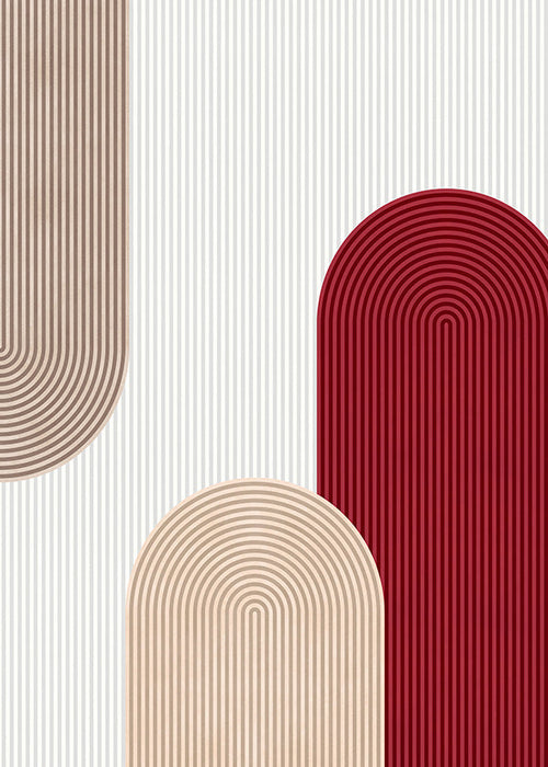 Plakat geometryczny z czerwonymi i beżowymi łukami