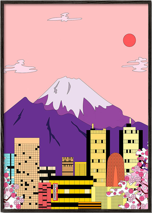 Plakat miasta: Tokio z Fudżi i kwiatami – Black Frame