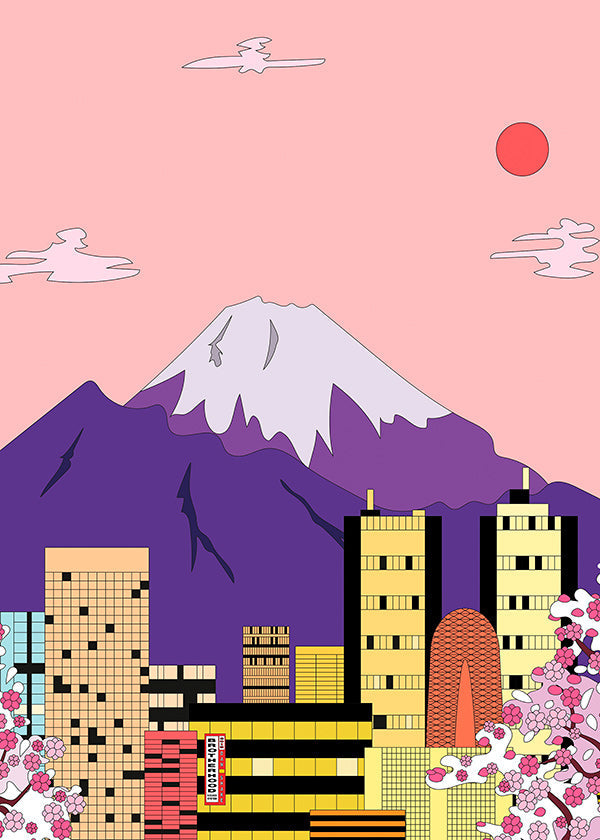 Plakat miasta: Tokio z Fudżi i kwiatami