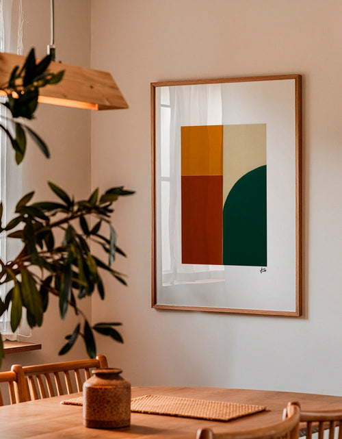 Plakat geometryczny z zielonym łukiem i okerowymi blokami – Product1