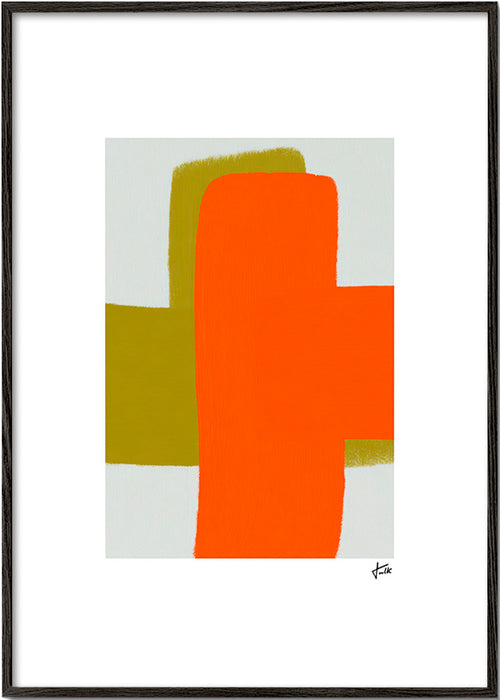Sztuka abstrakcyjna pomarańczowo-zielona z pionowymi formami – Black Frame