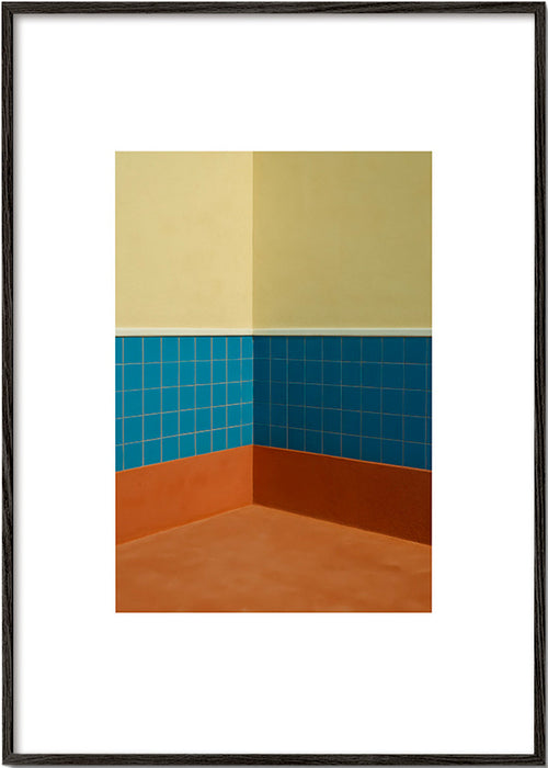 Minimalistyczny obraz: róg z niebieskimi płytkami i terakotową podłogą – Black Frame