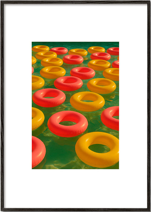 Plakat geometryczny z pływającymi czerwonymi i żółtymi kołami – Black Frame