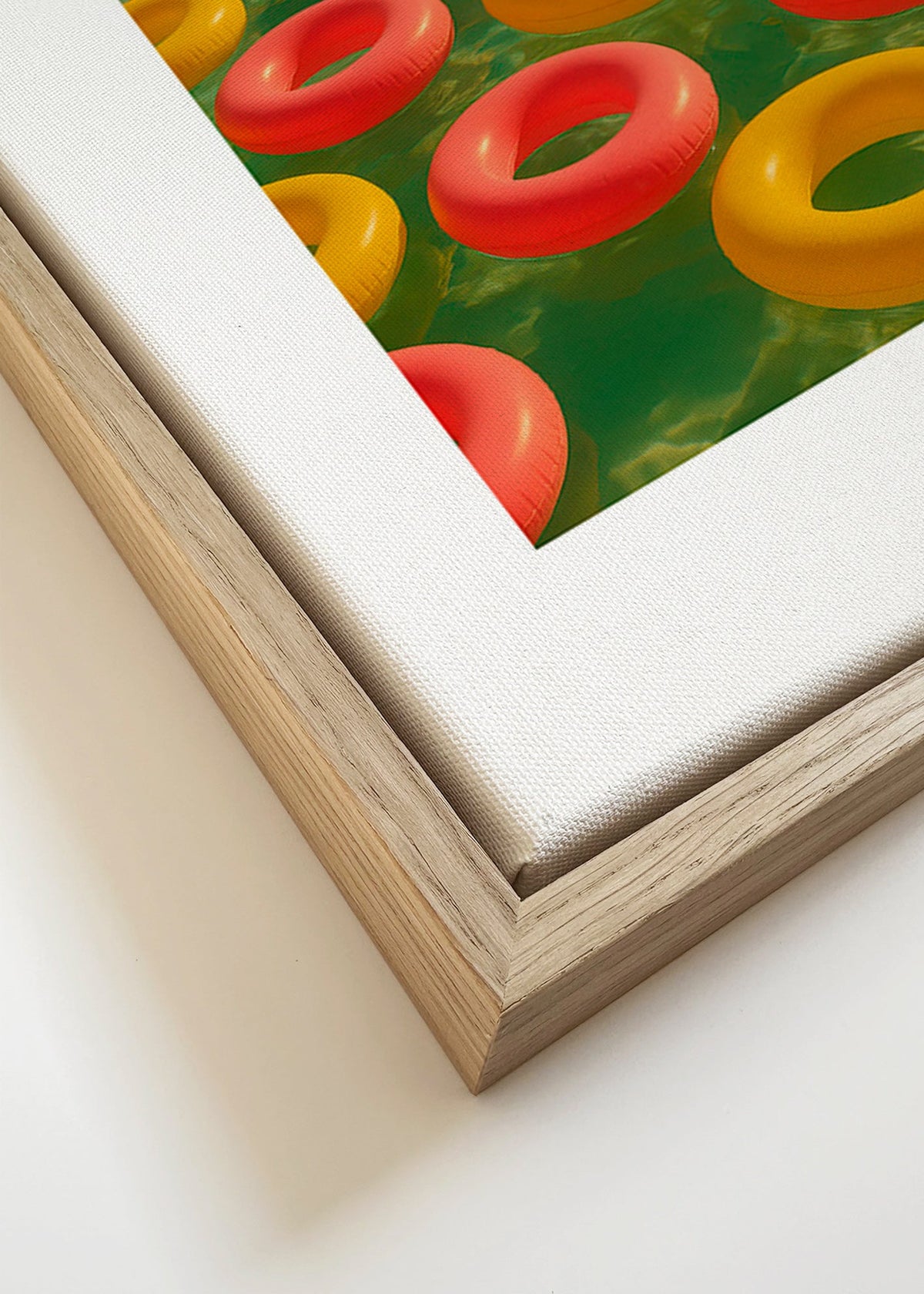 Plakat geometryczny z pływającymi czerwonymi i żółtymi kołami – Canvas detail