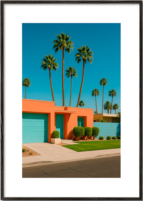 Plakat botaniczny Palm House z palmami i koralową elewacją – Black Frame