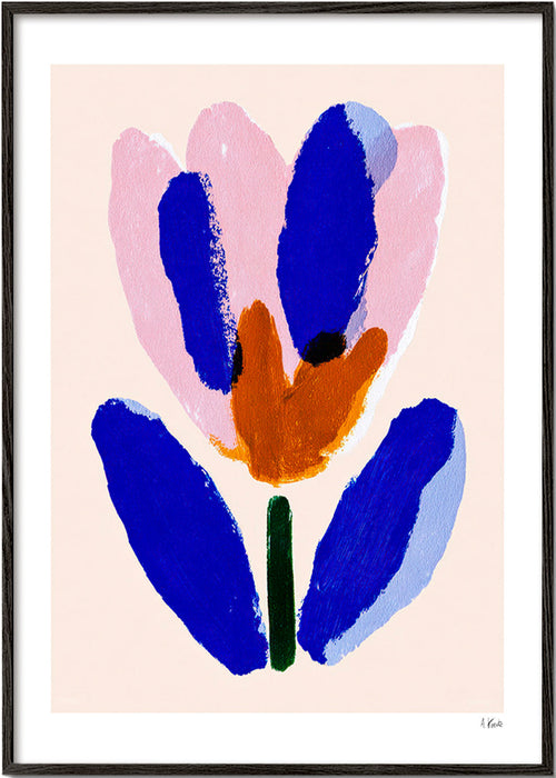 Plakat botaniczny kwiat malarski niebiesko-różowy – Black Frame