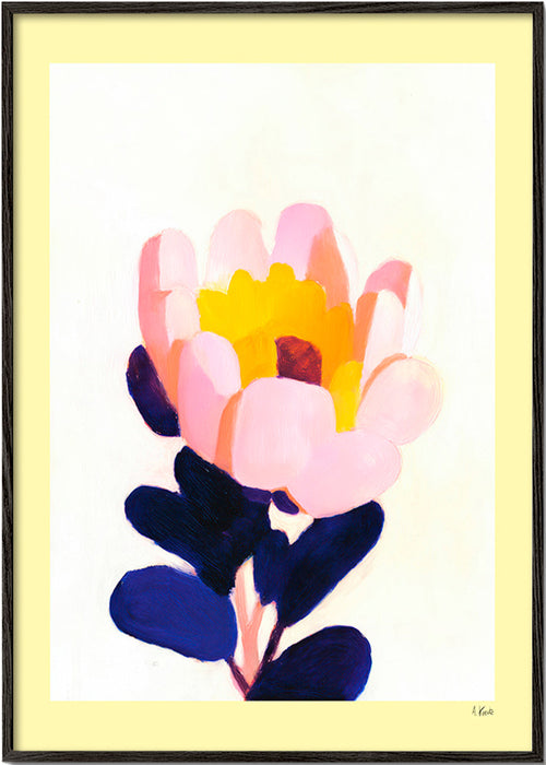 Plakat botaniczny: różowy kwiat z głębokimi niebieskimi liśćmi – Black Frame