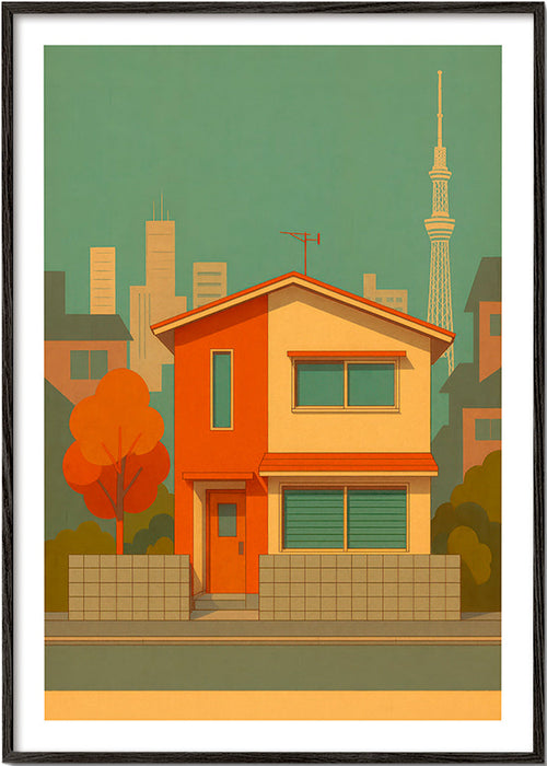 Sztuka do kuchni: japoński dom w ilustracyjnej, retro palecie – Black Frame