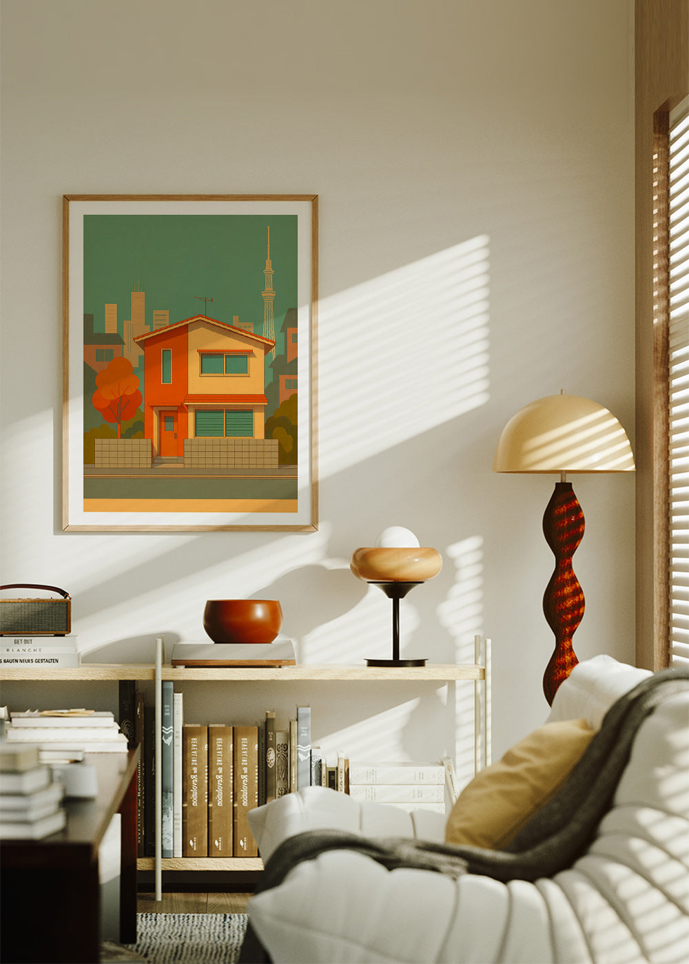 Cuadro de ciudades: casa japonesa ilustrada en paleta retro – Product2