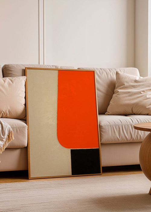 Plakat geometryczny z pomarańczowym blokiem i czarną podstawą – Product1