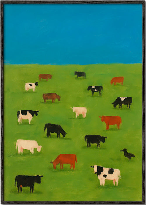 Obraz krów pasących się na zielonej łące – Black Frame