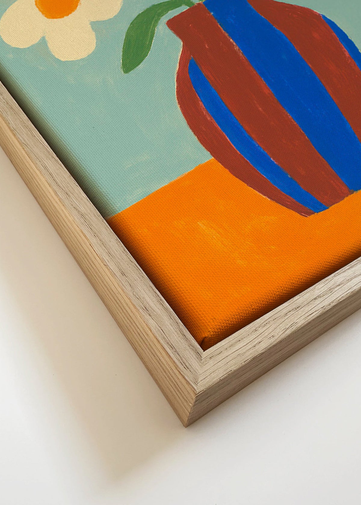 Plakat botaniczny z pasiastym wazonem i kremowymi kwiatami – Canvas detail