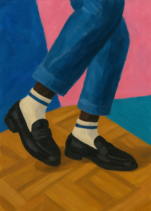 Ilustracja loafersów z paskowanymi skarpetami