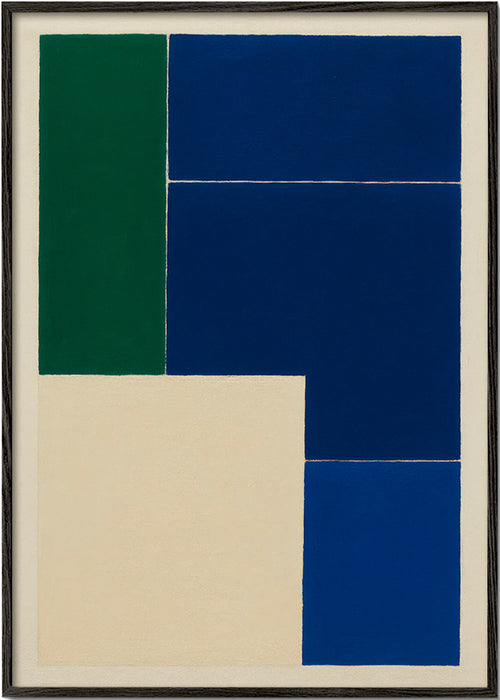 Plakat geometryczny z niebieskimi i zielonymi blokami – Black Frame