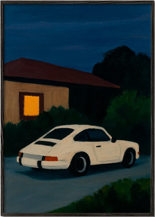 Plakat vintage z klasycznym samochodem nocą – Black Frame