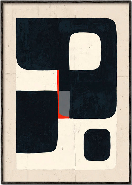 Plakat geometryczny z czarnymi blokami i czerwonym detalem – Black Frame
