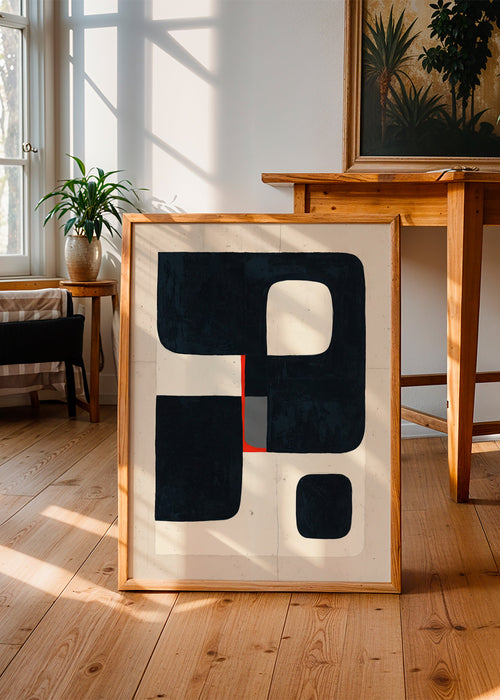 Plakat geometryczny z czarnymi blokami i czerwonym detalem – Product1