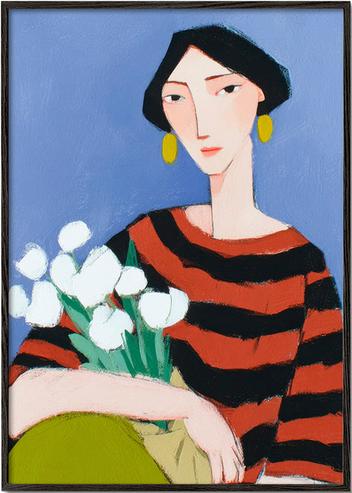 Ilustracja kobiety z białymi tulipanami – Black Frame