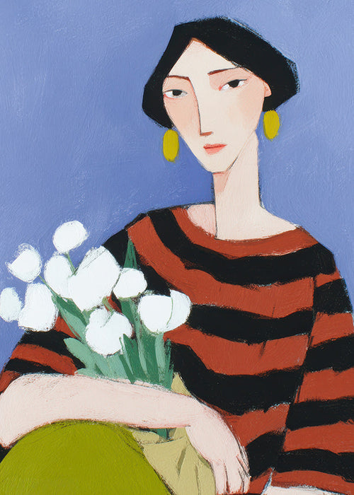 Ilustracja kobiety z białymi tulipanami