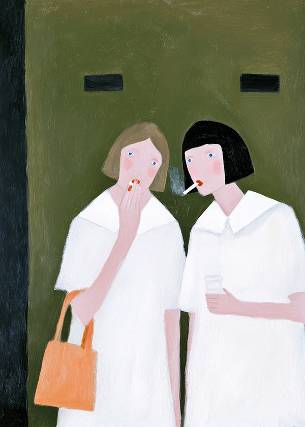 Ilustracja dwóch postaci palących w delikatnych tonach